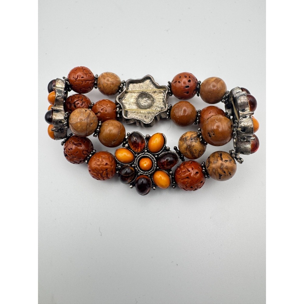 Vintage Boho Bracelet Carved Earth Tone Bead Double Strand Flower Stretch - Picture 3 of 9